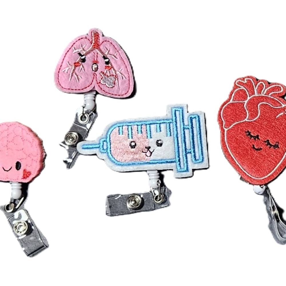 4 Pcs Nurse Badge Reel Clip Retractable ID Clip Brain, Heart, Syringe, and Lungs